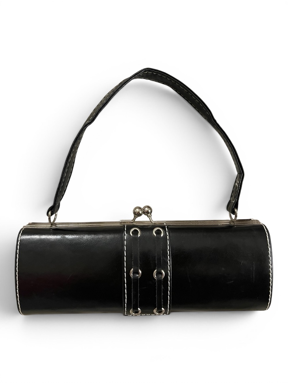 Vintage 90s Black Vegan Leather Cylinder Barrel Bag Contrast Stitch Kiss-Lock